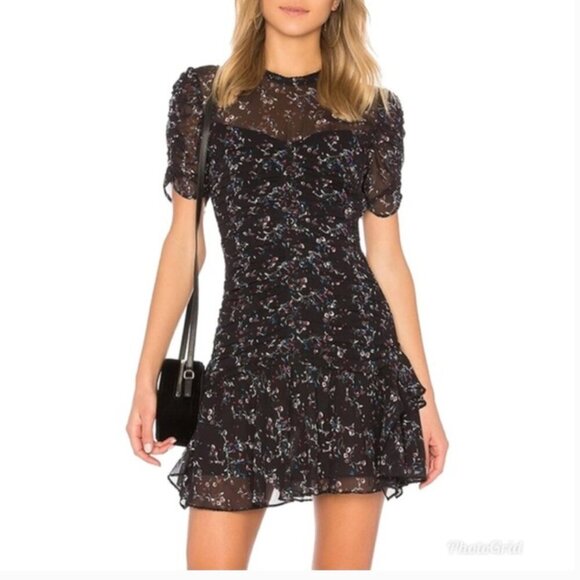 Tanya Taylor silk Carti Dress size 10 Floral Ruched Black Dress short - Picture 1 of 11